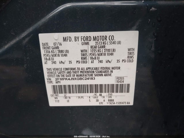 2016 Ford Edge Sel მანქანა იყიდება აუქციონზე, vin: 2FMPK4J9XGBC24183, აუქციონის ნომერი: 45064445