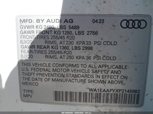 45064450 :رقم المزاد ، WA1EAAFYXP2145982 vin ، 2023 Audi Q5 Premium Plus 45 Tfsi S Line Quattro مزاد بيع