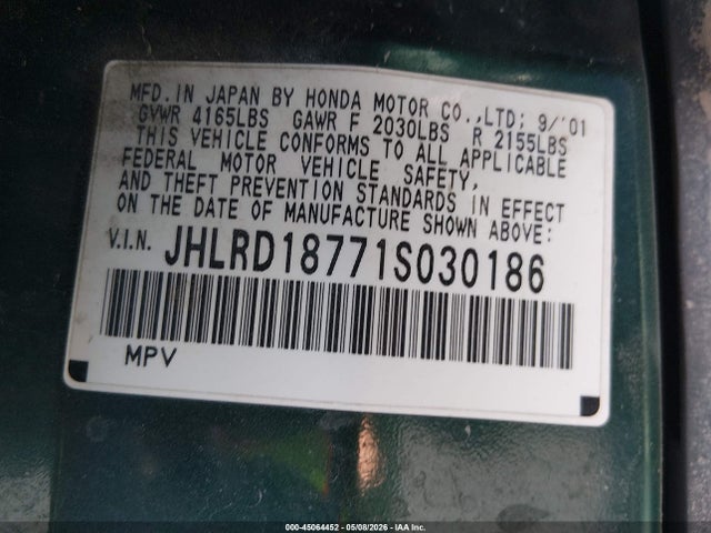 2001 Honda Cr-v Special Edition მანქანა იყიდება აუქციონზე, vin: JHLRD18771S030186, აუქციონის ნომერი: 45064452