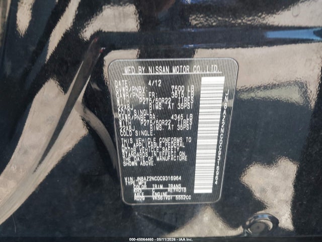 Продажа на аукционе авто 2012 Infiniti Qx56, vin: JN8AZ2NC0C9316964, номер лота: 45064460