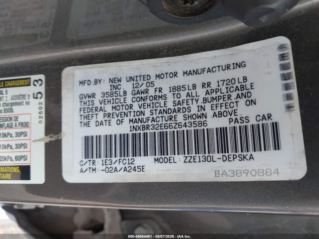 Aukcja sprzedaży 2006 Toyota Corolla S, vin: 1NXBR32E66Z643586, numer aukcji: 45064461