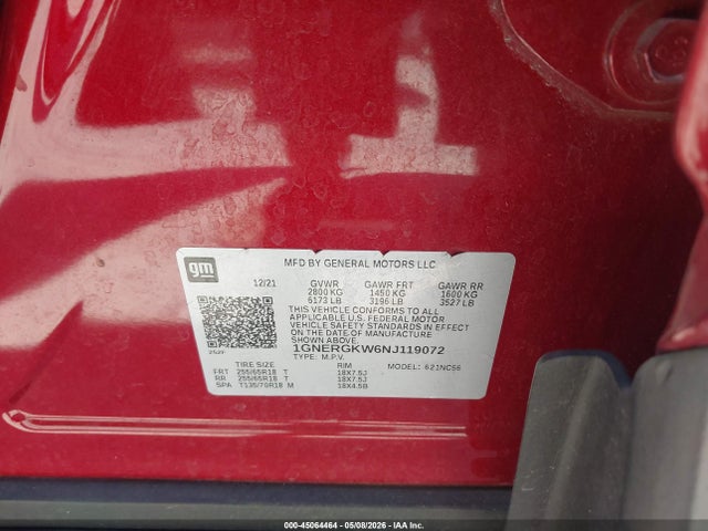 Продаж на аукціоні авто 2022 Chevrolet Traverse Fwd Lt Cloth, vin: 1GNERGKW6NJ119072, номер лоту: 45064464
