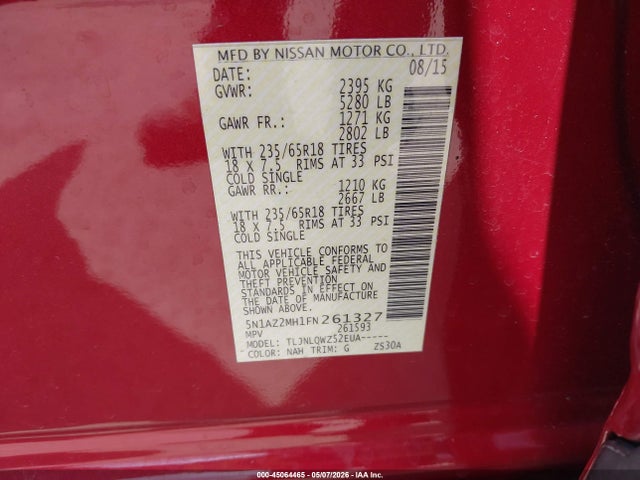 Продаж на аукціоні авто 2015 Nissan Murano Sv, vin: 5N1AZ2MH1FN261327, номер лоту: 45064465