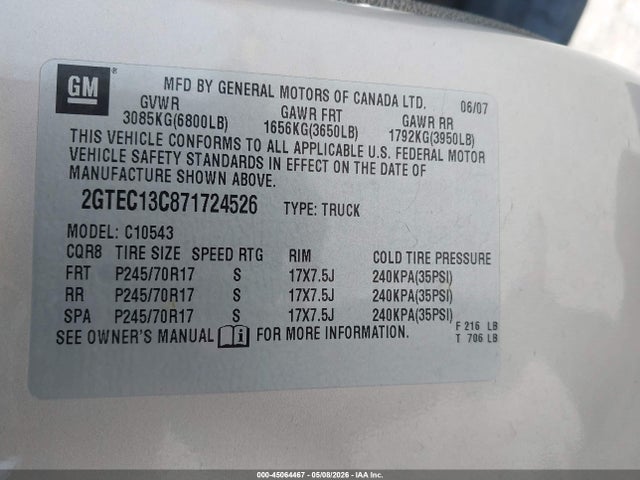 45064467 :رقم المزاد ، 2GTEC13C871724526 vin ، 2007 Gmc Sierra 1500 Sl مزاد بيع