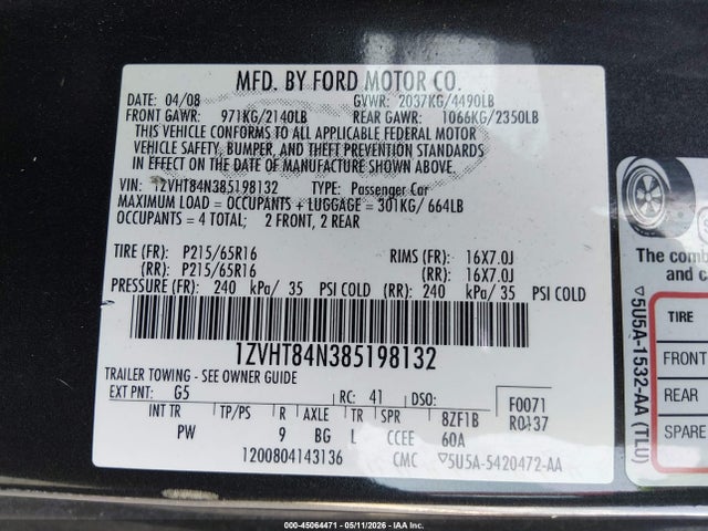 Продаж на аукціоні авто 2008 Ford Mustang V6 Deluxe/v6 Premium, vin: 1ZVHT84N385198132, номер лоту: 45064471