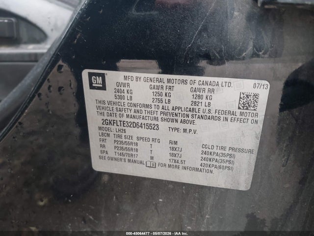 Auction sale of the 2013 Gmc Terrain Sle-2, vin: 2GKFLTE32D6415523, lot number: 45064477