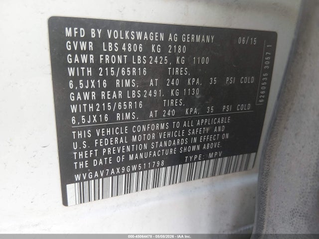 2016 Volkswagen Tiguan S მანქანა იყიდება აუქციონზე, vin: WVGAV7AX9GW511798, აუქციონის ნომერი: 45064478