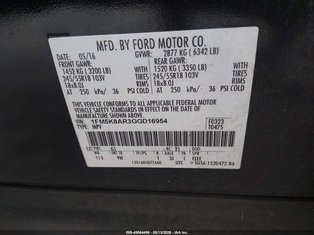 Продажа на аукционе авто 2016 Ford Utility Police Interceptor, vin: 1FM5K8AR3GGD16954, номер лота: 45064496