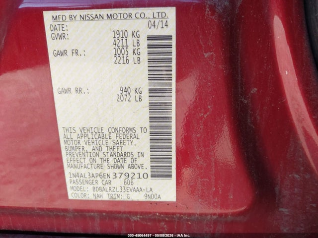 2014 Nissan Altima 2.5 S მანქანა იყიდება აუქციონზე, vin: 1N4AL3AP6EN379210, აუქციონის ნომერი: 45064497