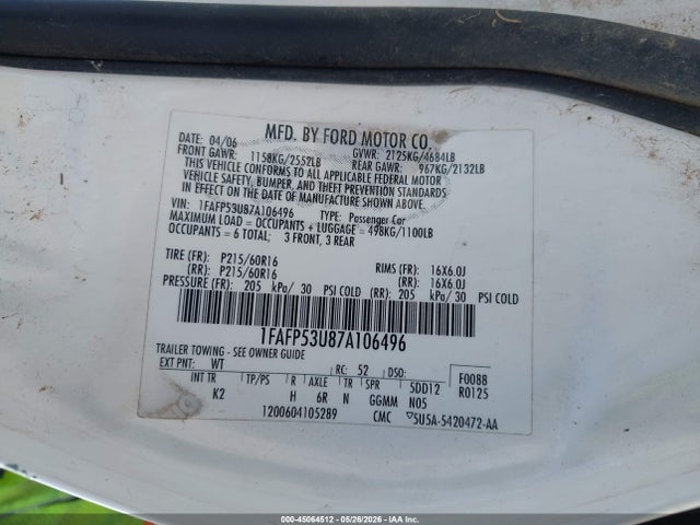 Aukcja sprzedaży 2007 Ford Taurus Se, vin: 1FAFP53U87A106496, numer aukcji: 45064512