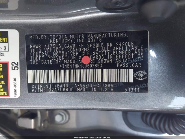 45064514 :رقم المزاد ، 4T1B11HK1JU607693 vin ، 2018 Toyota Camry Se مزاد بيع