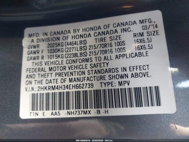 2014 Honda Cr-v Lx მანქანა იყიდება აუქციონზე, vin: 2HKRM4H34EH662739, აუქციონის ნომერი: 45064516