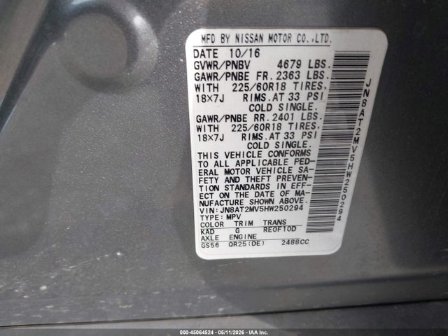 45064524 :رقم المزاد ، JN8AT2MV5HW250294 vin ، 2017 Nissan Rogue Sl مزاد بيع