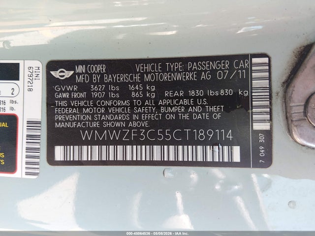Aukcja sprzedaży 2012 Mini Cooper Clubman, vin: WMWZF3C55CT189114, numer aukcji: 45064536