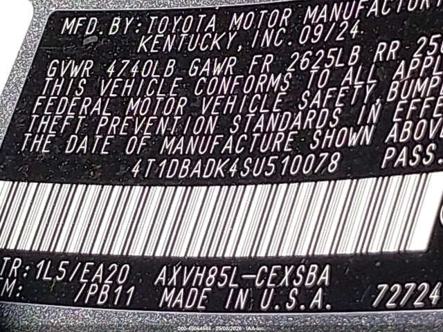 Aukcja sprzedaży 2025 Toyota Camry Se, vin: 4T1DBADK4SU510078, numer aukcji: 45064548