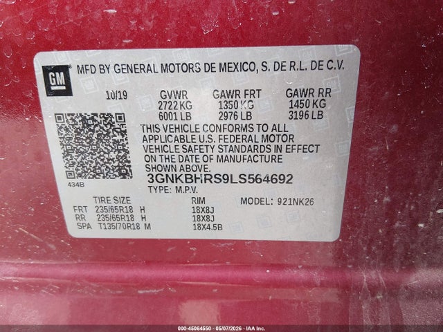 45064550 :رقم المزاد ، 3GNKBHRS9LS564692 vin ، 2020 Chevrolet Blazer Awd 2lt مزاد بيع