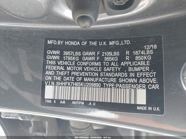Aukcja sprzedaży 2019 Honda Civic Ex, vin: SHHFK7H65KU209890, numer aukcji: 45064556
