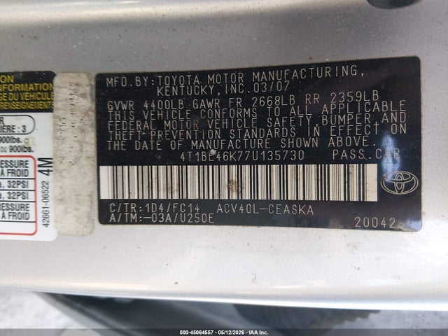 2007 Toyota Camry Se მანქანა იყიდება აუქციონზე, vin: 4T1BE46K77U135730, აუქციონის ნომერი: 45064557