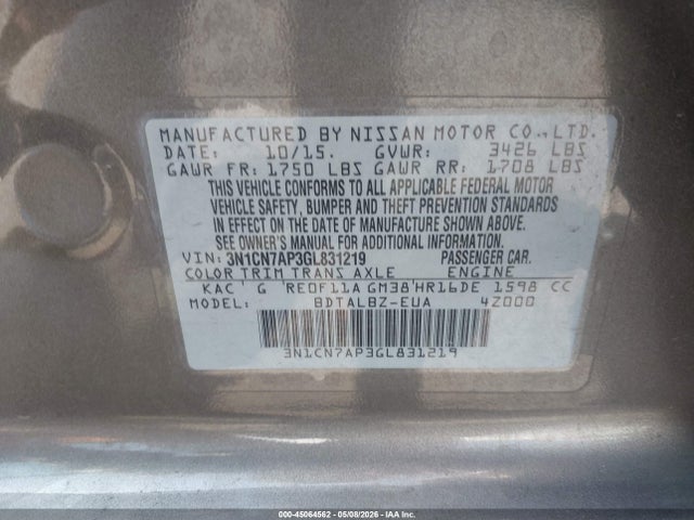 Aukcja sprzedaży 2016 Nissan Versa 1.6 S/1.6 S+/1.6 Sl/1.6 Sv, vin: 3N1CN7AP3GL831219, numer aukcji: 45064562