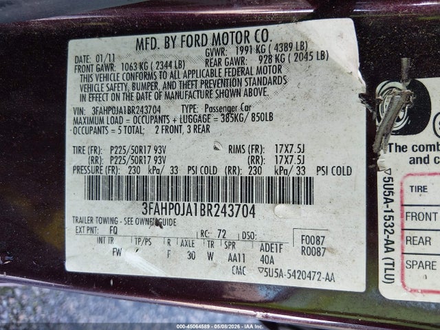 Продажа на аукционе авто 2011 Ford Fusion Sel, vin: 3FAHP0JA1BR243704, номер лота: 45064589
