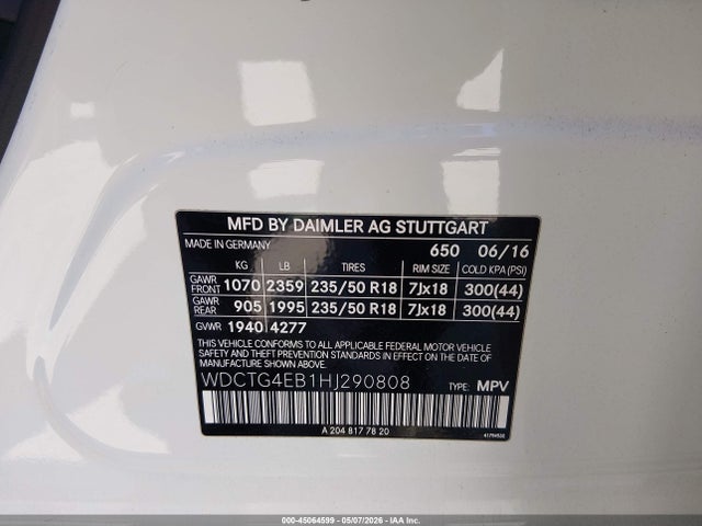 WDCTG4EB1HJ290808 Mercedes-Benz GLA 250