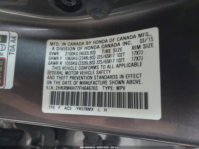 2HKRM4H77FH646765 Honda Cr-v Ex-l