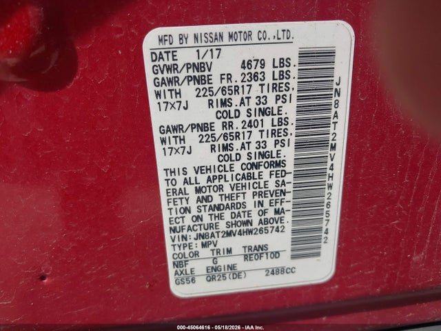 45064616 :رقم المزاد ، JN8AT2MV4HW265742 vin ، 2017 Nissan Rogue Sv مزاد بيع