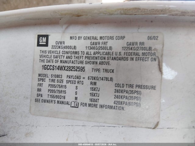 Продажа на аукционе авто 2002 Chevrolet S-10, vin: 1GCCS14WX28252595, номер лота: 45064618
