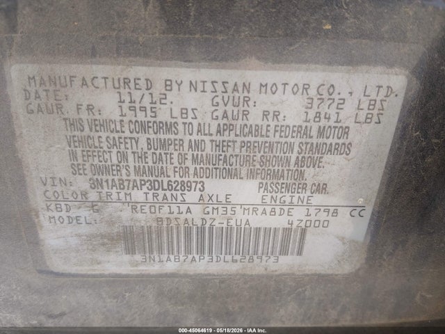 Продажа на аукционе авто 2013 Nissan Sentra Sv, vin: 3N1AB7AP3DL628973, номер лота: 45064619
