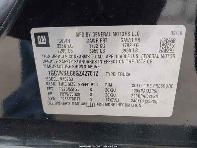 2016 Chevrolet Silverado 1500 Wt მანქანა იყიდება აუქციონზე, vin: 1GCVKNEC8GZ427612, აუქციონის ნომერი: 45064620