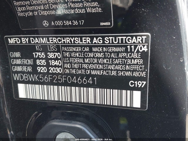 Aukcja sprzedaży 2005 Mercedes-benz Slk 350, vin: WDBWK56F25F046641, numer aukcji: 45064621