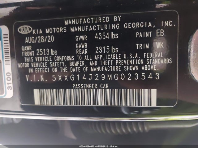 Aukcja sprzedaży 2021 Kia K5 Lxs, vin: 5XXG14J29MG023543, numer aukcji: 45064625