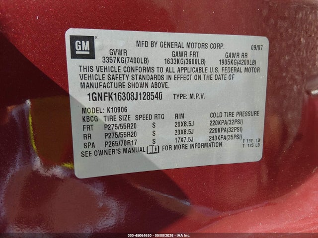 2008 Chevrolet Suburban 1500 Ltz მანქანა იყიდება აუქციონზე, vin: 1GNFK16308J128540, აუქციონის ნომერი: 45064650