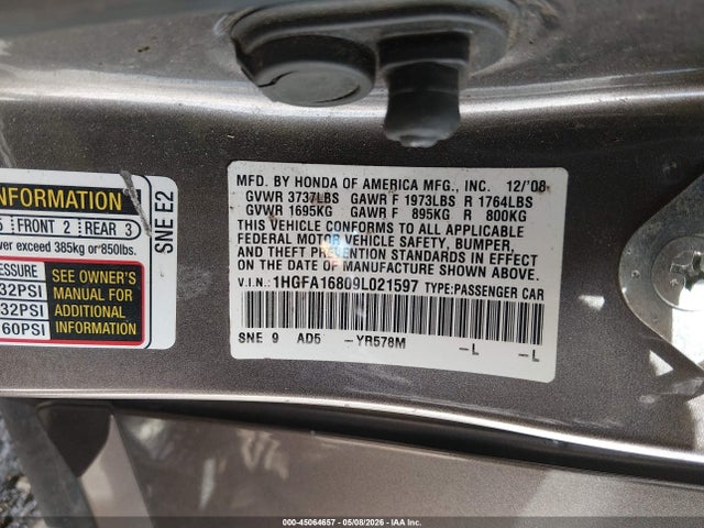 Aukcja sprzedaży 2009 Honda Civic Ex, vin: 1HGFA16809L021597, numer aukcji: 45064657