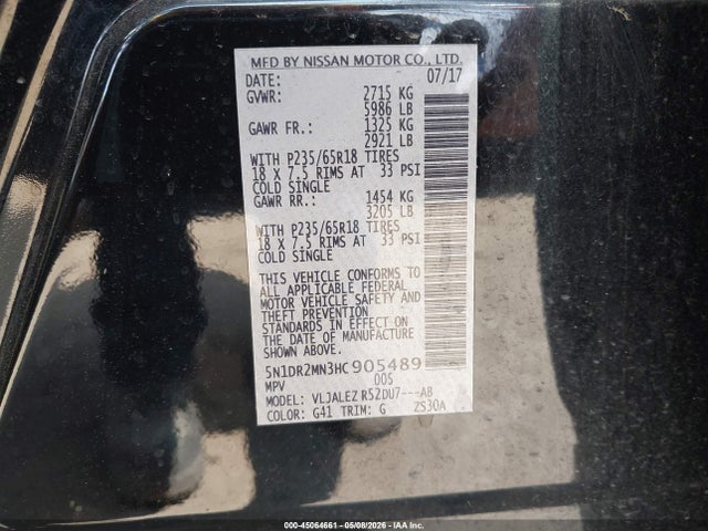 45064661 :رقم المزاد ، 5N1DR2MN3HC905489 vin ، 2017 Nissan Pathfinder Sv مزاد بيع