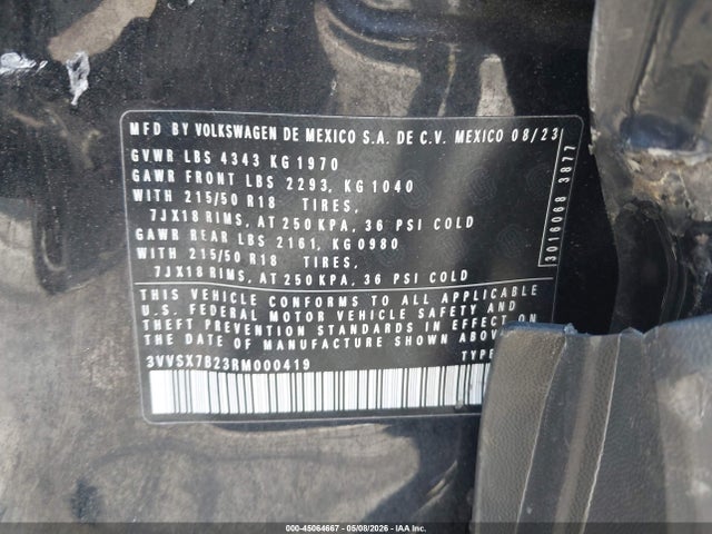 Aukcja sprzedaży 2024 Volkswagen Taos 1.5t Se, vin: 3VVSX7B23RM000419, numer aukcji: 45064667