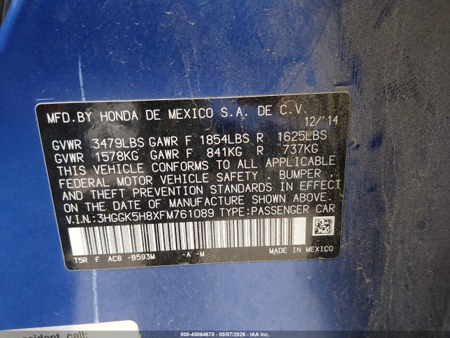 Продаж на аукціоні авто 2015 Honda Fit Ex/ex-l, vin: 3HGGK5H8XFM761089, номер лоту: 45064670