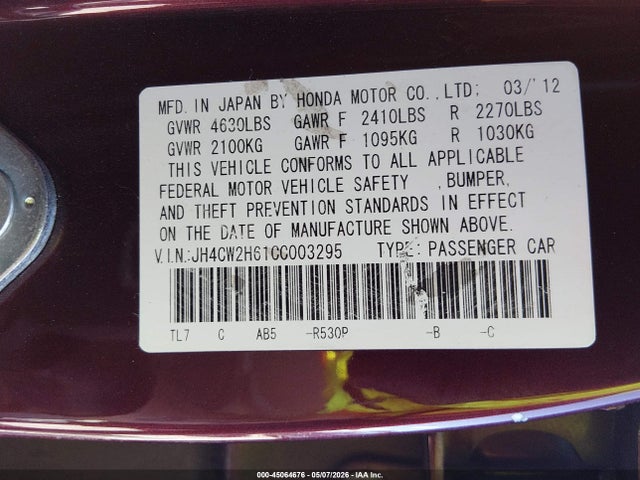 45064676 :رقم المزاد ، JH4CW2H61CC003295 vin ، 2012 Acura Tsx 2.4 مزاد بيع