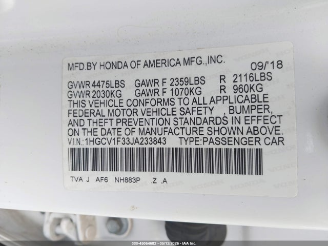 1HGCV1F33JA233843 Honda Accord Sport