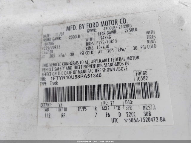 Продажа на аукционе авто 2008 Ford Ranger Sport/xl/xlt, vin: 1FTYR10U88PA51346, номер лота: 45064684