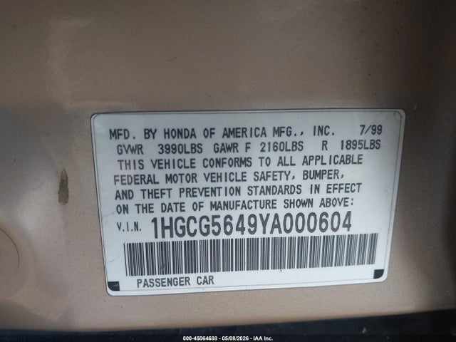 45064688 :رقم المزاد ، 1HGCG5649YA000604 vin ، 2000 Honda Accord 2.3 Lx مزاد بيع