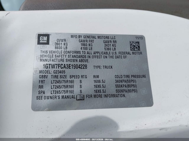 45064693 :رقم المزاد ، 1GTW7FCA3E1904228 vin ، 2014 Gmc Savana 2500 Work Van مزاد بيع