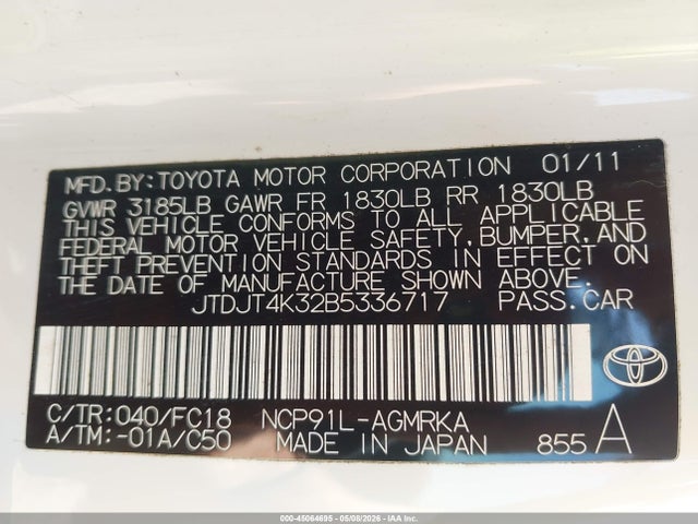 2011 Toyota Yaris მანქანა იყიდება აუქციონზე, vin: JTDJT4K32B5336717, აუქციონის ნომერი: 45064695