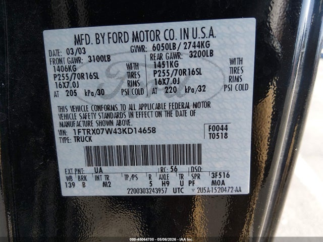 Aukcja sprzedaży 2003 Ford F-150 Lariat/xl/xlt, vin: 1FTRX07W43KD14658, numer aukcji: 45064700