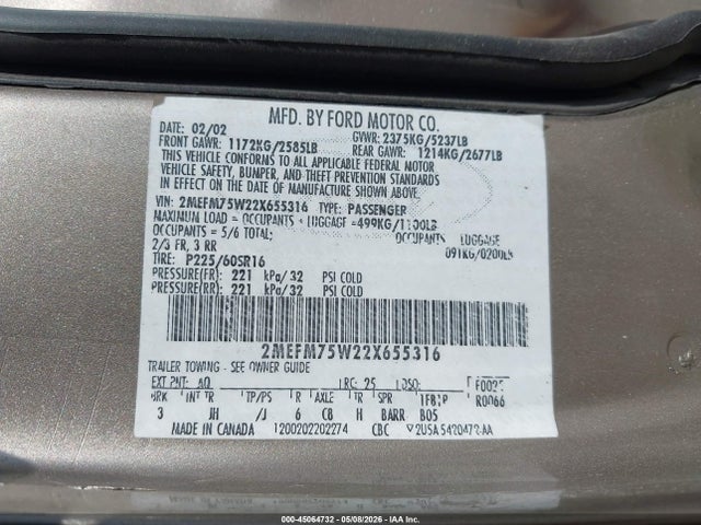 2002 Mercury Grand Marquis Ls მანქანა იყიდება აუქციონზე, vin: 2MEFM75W22X655316, აუქციონის ნომერი: 45064732