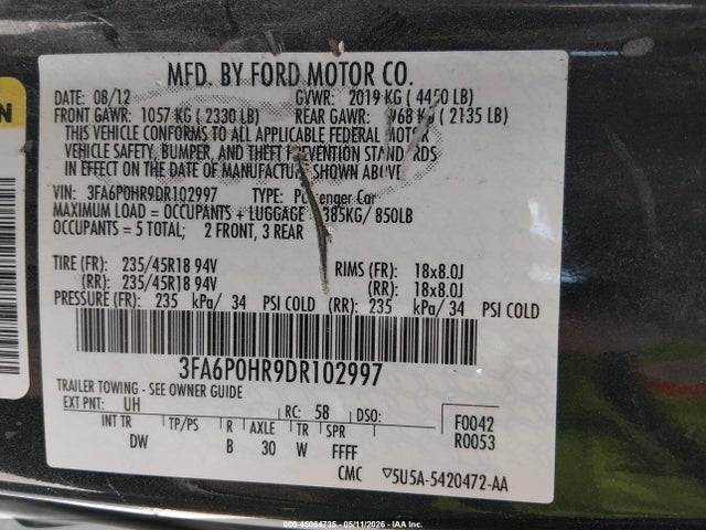 Aukcja sprzedaży 2013 Ford Fusion Se, vin: 3FA6P0HR9DR102997, numer aukcji: 45064735