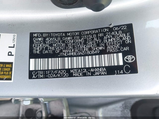 Aukcja sprzedaży 2022 Toyota Corolla Se, vin: JTND4MBE6N3180849, numer aukcji: 45064737