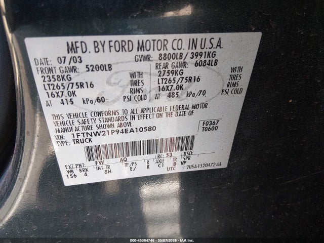 Продажа на аукционе авто 2004 Ford F-250, vin: 1FTNW21P94EA10580, номер лота: 45064746
