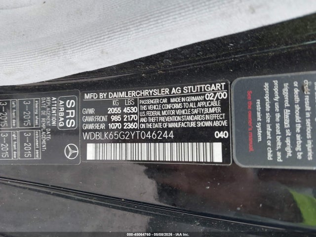Продаж на аукціоні авто 2000 Mercedes-benz Clk 320, vin: WDBLK65G2YT046244, номер лоту: 45064760