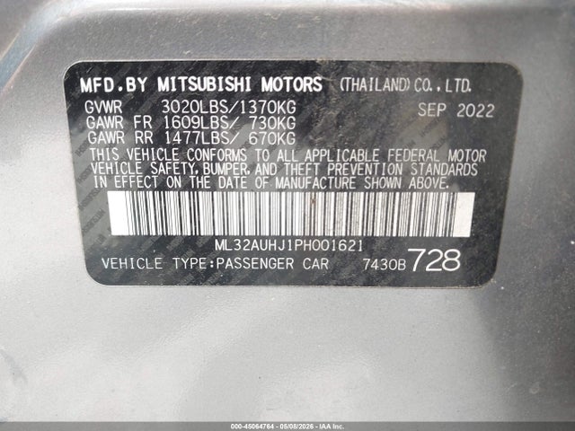Aukcja sprzedaży 2023 Mitsubishi Mirage Es/le, vin: ML32AUHJ1PH001621, numer aukcji: 45064764